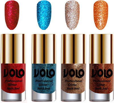 

Volo Professionally Used Glitter Shine Nail Polish Combo Pack of 4 Red Glitter, Sky Blue Glitter, Light Golden Glitter, Light Orange Glitter(Pack of 4)