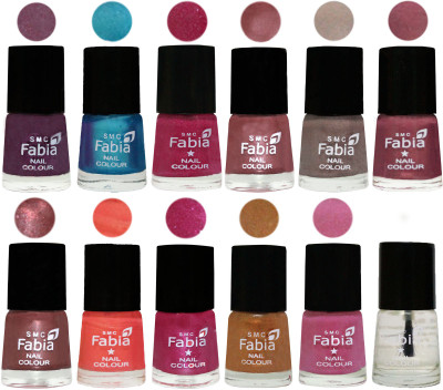 

Fabia Premium Shine & Glossy Nail Polish Collection Shades (12 Pcs Combo) Light Jam-Denim-Hot Magenta-Lip-Light Beige-Dusty Pink-Dark Red Chrome-Peach-Light Magenta-Golden -Light Plum-Top Coat(Pack of 12)