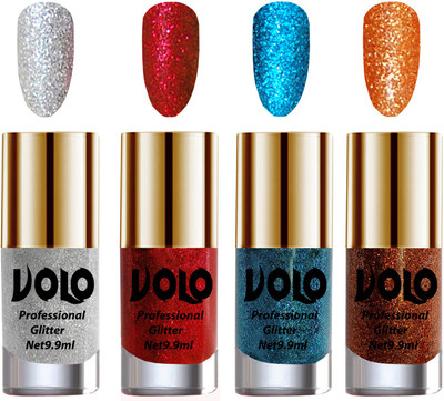 

Volo Professionally Used Glitter Shine Nail Polish Combo Pack of 4 Silver Glitter, Red Glitter, Sky Blue Glitter, Light Orange Glitter(Pack of 4)
