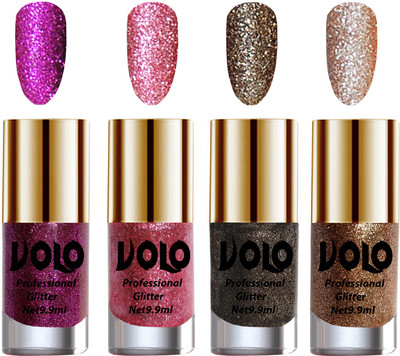 

Volo Professionally Used Glitter Shine Nail Polish Combo Pack of 4 Purple Glitter, Pink Glitter, Dark Grey Glitter, Light Golden Glitter(Pack of 4)