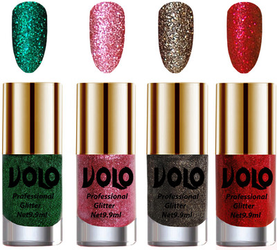 

Volo Professionally Used Glitter Shine Nail Polish Combo Pack of 4 Dark Green Glitter, Pink Glitter, Dark Grey Glitter, Red Glitter(Pack of 4)
