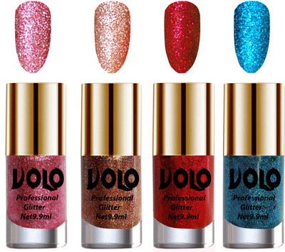 

Volo Professionally Used Glitter Shine Nail Polish Combo Pack of 4 Pink Glitter, Peach Glitter, Red Glitter, Sky Blue Glitter(Pack of 4)