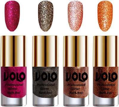 

Volo Professionally Used Glitter Shine Nail Polish Combo Pack of 4 Magenta Glitter, Dark Grey Glitter, Peach Glitter, Light Orange Glitter(Pack of 4)