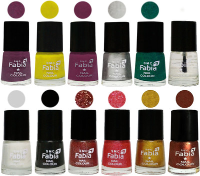 

Fabia Premium Collection 12 Piece Color Nail Polish Shades Brinjal Purple-Yellow-Light purple-Silver-Green-Top Coat-White-Black-Jerry Wine-Jerry Pink-Jerry Golden-Light Jerry Coffee(Pack of 12)