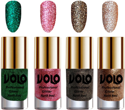 

Volo Professionally Used Glitter Shine Nail Polish Combo Pack of 4 Dark Green Glitter, Pink Glitter, Dark Grey Glitter, Light Golden Glitter(Pack of 4)