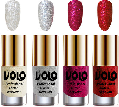 

Volo Professionally Used Glitter Shine Nail Polish Combo Pack of 4 White Nail Art And Glitter, Silver Glitter, Magenta Glitter, Red Glitter(Pack of 4)