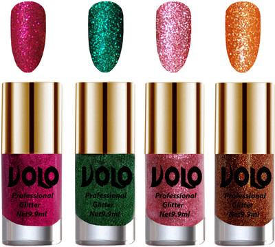 

Volo Professionally Used Glitter Shine Nail Polish Combo Pack of 4 Magenta Glitter, Dark Green Glitter, Pink Glitter, Light Orange Glitter(Pack of 4)