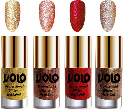 

Volo Professionally Used Glitter Shine Nail Polish Combo Pack of 4 Golden Glitter, Peach Glitter, Red Glitter, Light Golden Glitter(Pack of 4)