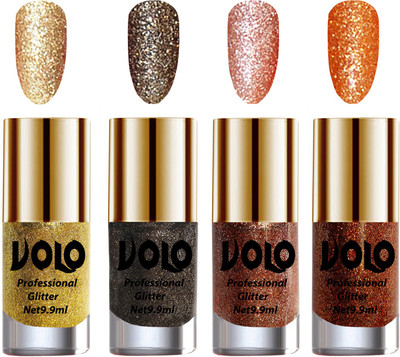 

Volo Professionally Used Glitter Shine Nail Polish Combo Pack of 4 Golden Glitter, Dark Grey Glitter, Peach Glitter, Light Orange Glitter(Pack of 4)