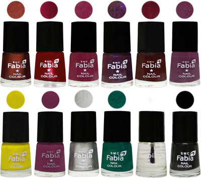 

Fabia Premium Shine & Glossy Nail Polish Collection Shades (12 Pcs Combo) Berry-Dark Magenta-Rose Pink-Dark Purple-Royal Red-Brinjal Purple-Yellow-Light purple-Silver-Green-Top Coat-Black(Pack of 12)