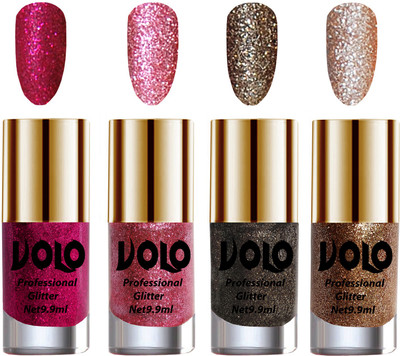 

Volo Professionally Used Glitter Shine Nail Polish Combo Pack of 4 Magenta Glitter, Pink Glitter, Dark Grey Glitter, Light Golden Glitter(Pack of 4)