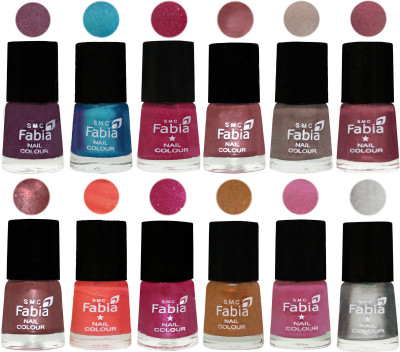 

Fabia Premium Collection 12 Piece Color Nail Polish Shades Light Jam-Denim-Hot Magenta-Lip-Light Beige-Dusty Pink-Dark Red Chrome-Peach-Light Magenta-Golden -Light Plum-Silver(Pack of 12)