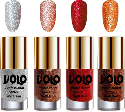 

Volo Professionally Used Glitter Shine Nail Polish Combo Pack of 4 Silver Glitter, Peach Glitter, Red Glitter, Light Orange Glitter(Pack of 4)