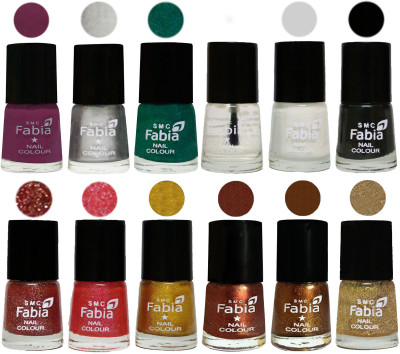 

Fabia Premium Shine & Glossy Nail Polish Collection Shades (12 Pcs Combo) Light purple-Silver-Green-Top Coat-White-Black-Jerry Wine-Jerry Pink-Jerry Golden-Light Jerry Coffee-Dark Golden-Light Golden(Pack of 12)