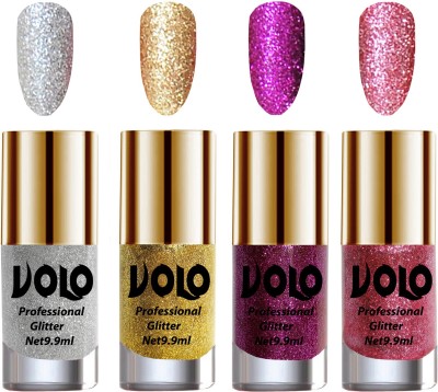 Volo Professionally Used Glitter Shine Nail Polish Combo Pack of 4 Combo-No-194 Silver Glitter, Golden Glitter, Purple Glitter, Pink Glitter(Pack of 4)