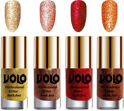

Volo Professionally Used Glitter Shine Nail Polish Combo Pack of 4 Golden Glitter, Peach Glitter, Red Glitter, Light Orange Glitter(Pack of 4)