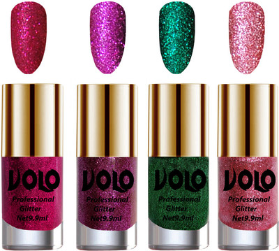 

Volo Professionally Used Glitter Shine Nail Polish Combo Pack of 4 Magenta Glitter, Purple Glitter, Dark Green Glitter, Pink Glitter(Pack of 4)