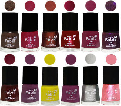 

Fabia Premium Lacquer Extra Shine Nail Polish Shades Of (12 Pcs Nail Polish) Dark Brown-Cherry Pink-Berry-Dark Magenta-Rose Pink-Dark Purple-Royal Red-Brinjal Purple-Yellow-Light purple-Silver-Jerry Peach(Pack of 12)