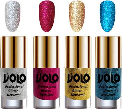 Volo Professionally Used Glitter Shine Nail Polish Combo Pack of 4 Combo-No-181 Golden Glitter, Magenta Glitter, Silver Glitter, Sky Blue Glitter(Pack of 4)