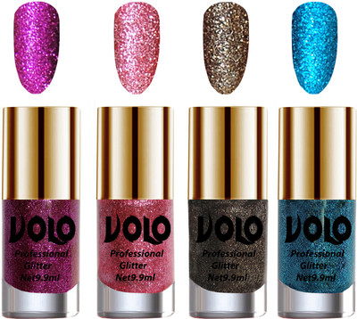 

Volo Professionally Used Glitter Shine Nail Polish Combo Pack of 4 Purple Glitter, Pink Glitter, Dark Grey Glitter, Sky Blue Glitter(Pack of 4)