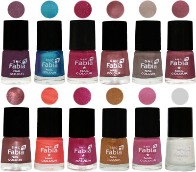 

Fabia Premium Collection 12 Piece Color Nail Polish Shades Light Jam-Denim-Hot Magenta-Lip-Light Beige-Dusty Pink-Dark Red Chrome-Peach-Light Magenta-Golden -Light Plum-White(Pack of 12)