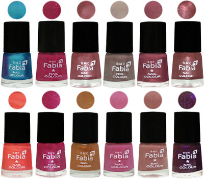 

Fabia Premium Shine & Glossy Nail Polish Collection Shades (12 Pcs Combo) Denim-Hot Magenta-Lip-Light Beige-Dusty Pink-Dark Red Chrome-Peach-Light Magenta-Golden -Light Plum-Nude-Dark Purple(Pack of 12)