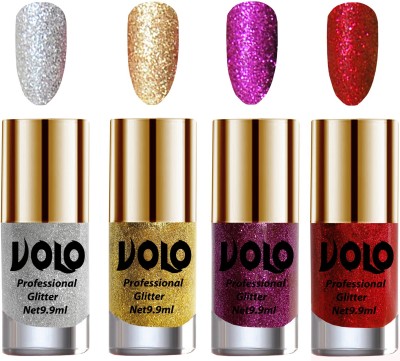 Volo Professionally Used Glitter Shine Nail Polish Combo Pack of 4 Combo-No-189 Golden Glitter, Silver Glitter, Purple Glitter, Red Glitter(Pack of 4)