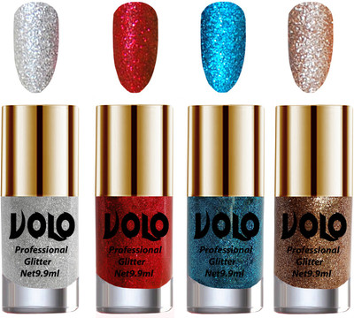 

Volo Professionally Used Glitter Shine Nail Polish Combo Pack of 4 Silver Glitter, Red Glitter, Sky Blue Glitter, Light Golden Glitter(Pack of 4)