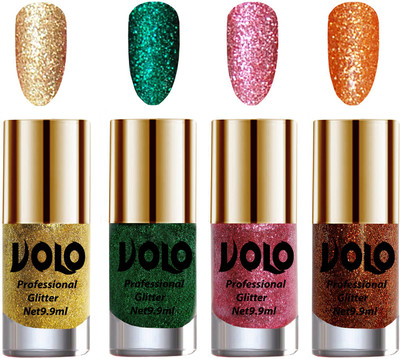 

Volo Professionally Used Glitter Shine Nail Polish Combo Pack of 4 Golden Glitter, Dark Green Glitter, Pink Glitter, Light Orange Glitter(Pack of 4)