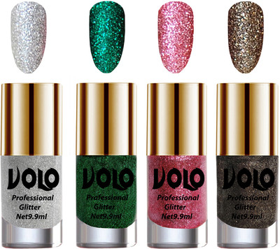 

Volo Professionally Used Glitter Shine Nail Polish Combo Pack of 4 Silver Glitter, Dark Green Glitter, Pink Glitter, Dark Grey Glitter(Pack of 4)