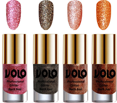

Volo Professionally Used Glitter Shine Nail Polish Combo Pack of 4 Pink Glitter, Dark Grey Glitter, Peach Glitter, Light Orange Glitter(Pack of 4)