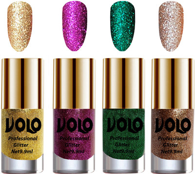 

Volo Professionally Used Glitter Shine Nail Polish Combo Pack of 4 Golden Glitter, Purple Glitter, Dark Green Glitter, Light Golden Glitter(Pack of 4)