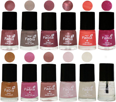 

Fabia Premium Shine & Glossy Nail Polish Collection Shades (12 Pcs Combo) Lip-Light Beige-Dusty Pink-Dark Red Chrome-Peach-Light Magenta-Golden -Light Plum-Nude-Lychee-Light Cream-Top Coat(Pack of 12)