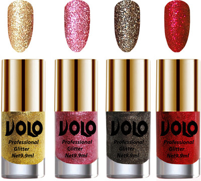 

Volo Professionally Used Glitter Shine Nail Polish Combo Pack of 4 Golden Glitter, Pink Glitter, Dark Grey Glitter, Red Glitter(Pack of 4)