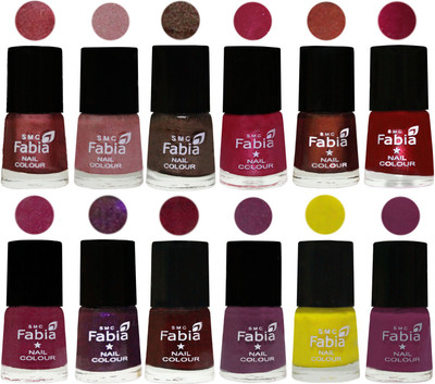 

Fabia Premium Collection 12 Piece Color Nail Polish Shades Nude Pink-Light pink-Dark Brown-Cherry Pink-Berry-Dark Magenta-Rose Pink-Dark Purple-Royal Red-Brinjal Purple-Yellow-Light purple(Pack of 12)