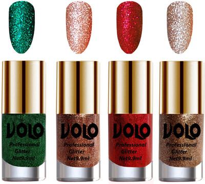 

Volo Professionally Used Glitter Shine Nail Polish Combo Pack of 4 Dark Green Glitter, Peach Glitter, Red Glitter, Light Golden Glitter(Pack of 4)