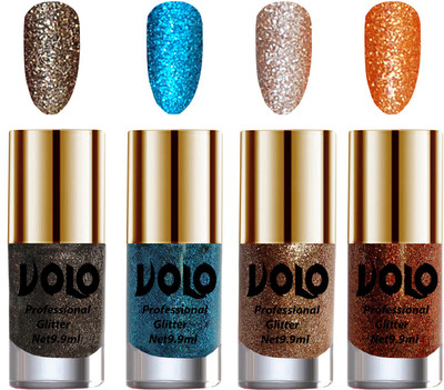 

Volo Professionally Used Glitter Shine Nail Polish Combo Pack of 4 Dark Grey Glitter, Sky Blue Glitter, Light Golden Glitter, Light Orange Glitter(Pack of 4)