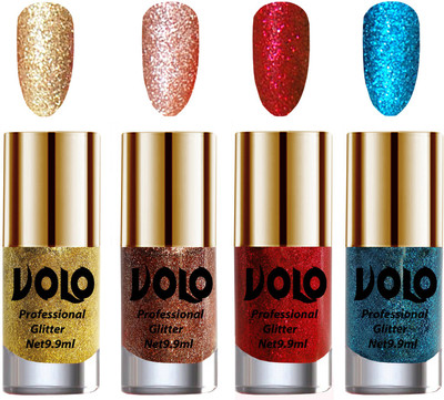 

Volo Professionally Used Glitter Shine Nail Polish Combo Pack of 4 Golden Glitter, Peach Glitter, Red Glitter, Sky Blue Glitter(Pack of 4)