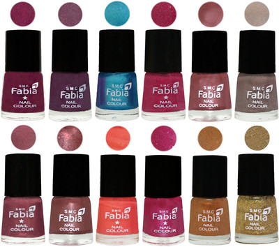 

Fabia Premium Collection 12 Piece Color Nail Polish Shades Cherry Blossom-Light Jam-Denim-Hot Magenta-Lip-Light Beige-Dusty Pink-Dark Red Chrome-Peach-Light Magenta-Golden -Light Golden(Pack of 12)