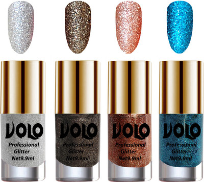 

Volo Professionally Used Glitter Shine Nail Polish Combo Pack of 4 Silver Glitter, Dark Grey Glitter, Peach Glitter, Sky Blue Glitter(Pack of 4)