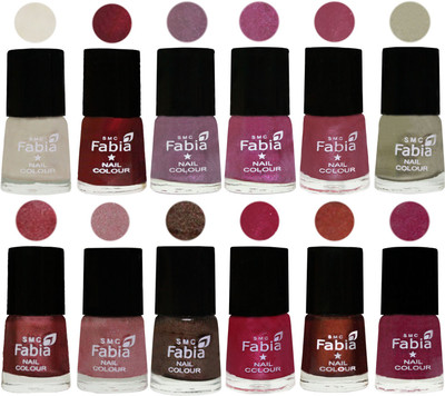 Fabia Premium Lacquer Extra Shine Nail Polish Shades Of (12 Pcs Nail Polish) Light Cream-Maroon-Light Violet-Rani-Pink Maroonish-Oyster-Nude Pink-Light pink-Dark Brown-Cherry Pink-Berry-Rose Pink(Pack of 12)