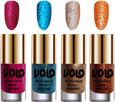 

Volo Professionally Used Glitter Shine Nail Polish Combo Pack of 4 Magenta Glitter, Sky Blue Glitter, Light Golden Glitter, Light Orange Glitter(Pack of 4)