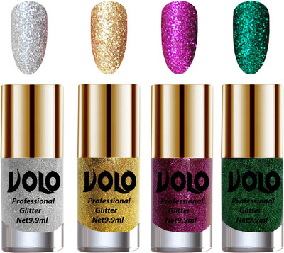 

Volo Professionally Used Glitter Shine Nail Polish Combo Pack of 4 Silver Glitter, Golden Glitter, Purple Glitter, Dark Green Glitter(Pack of 4)