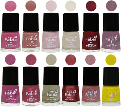 

Fabia Premium Shine & Glossy Nail Polish Collection Shades (12 Pcs Combo) Light Plum-Nude-Lychee-Light Cream-Maroon-Light Violet-Rani-Pink Maroonish-Oyster-Nude Pink-Light pink-Yellow(Pack of 12)