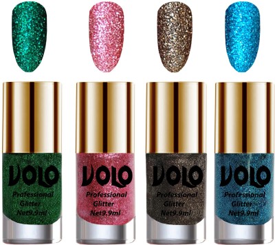 Volo Professionally Used Glitter Shine Nail Polish Combo Pack of 4 Combo-No-310 Dark Green Glitter, Pink Glitter, Dark Grey Glitter, Sky Blue Glitter(Pack of 4)