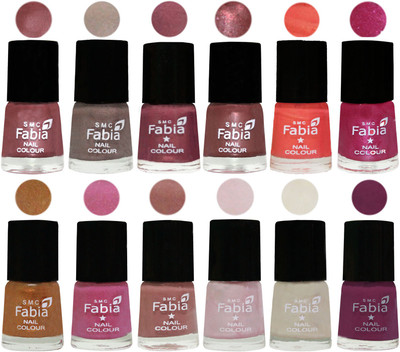 

Fabia Premium Shine & Glossy Nail Polish Collection Shades (12 Pcs Combo) Lip-Light Beige-Dusty Pink-Dark Red Chrome-Peach-Light Magenta-Golden -Light Plum-Nude-Lychee-Light Cream-Light purple(Pack of 12)