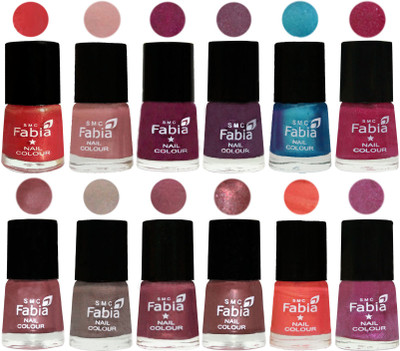 

Fabia Premium Collection 12 Piece Color Nail Polish Shades Red Orange-Shrimp Pastell-Cherry Blossom-Light Jam-Denim-Hot Magenta-Lip-Light Beige-Dusty Pink-Dark Red Chrome-Peach-Rani(Pack of 12)