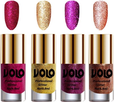 Volo Professionally Used Glitter Shine Nail Polish Combo Pack of 4 Combo-No-224 Golden Glitter, Magenta Glitter, Purple Glitter, Peach Glitter(Pack of 4)