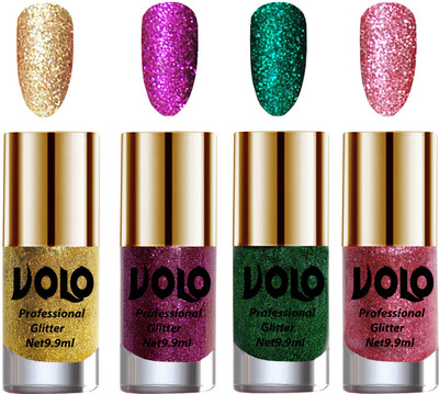 

Volo Professionally Used Glitter Shine Nail Polish Combo Pack of 4 Golden Glitter, Purple Glitter, Dark Green Glitter, Pink Glitter(Pack of 4)