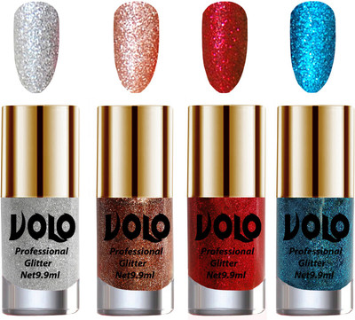 

Volo Professionally Used Glitter Shine Nail Polish Combo Pack of 4 Silver Glitter, Peach Glitter, Red Glitter, Sky Blue Glitter(Pack of 4)